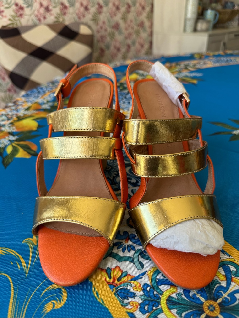 Gold Metallic Strappy Block Heels with Orange Footbed